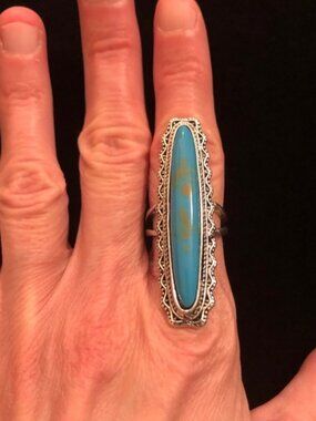Silver Tone and Blue Faux Turquoise Statement Ring